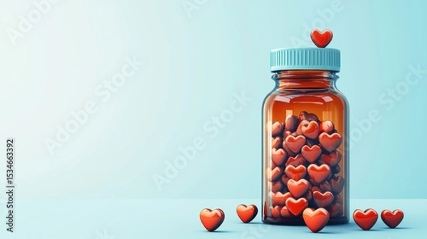 Fototapeta A jar filled with heart-shaped candies on a pastel background.