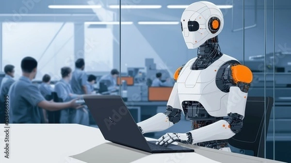 Fototapeta Futuristic robot working on a laptop in a tech lab environment.