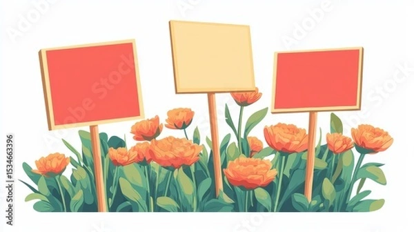Fototapeta Colorful flowers with blank signs for customizable messages.
