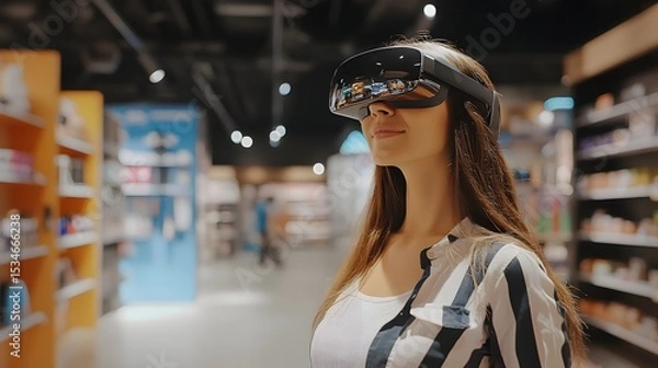 Fototapeta Photograph of a woman wearing a VR headset in a retail setting, with shelves and other people visible in the background.