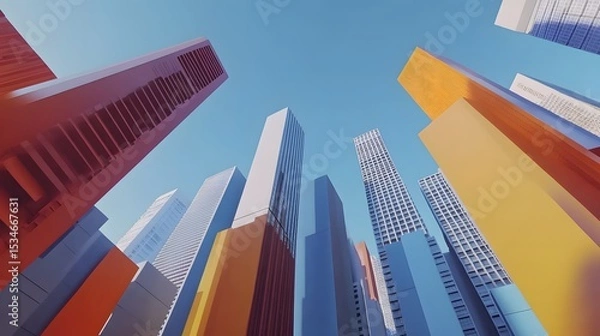 Fototapeta 3D render of skyscrapers against a bright blue sky, showcasing geometric architecture.