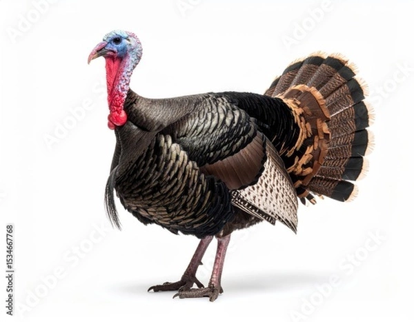 Fototapeta Majestic Turkey Portrait: A striking image showcases a full profile of a proud turkey, its vibrant plumage and unique features on full display.