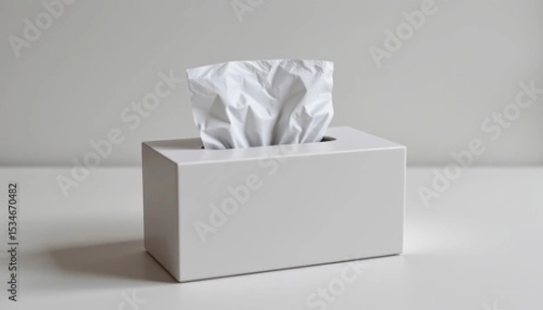 Fototapeta Tissue box with crumpled tissues protruding from the top.