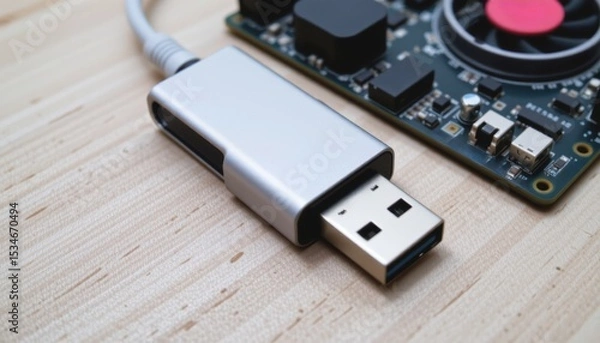 Fototapeta USB connector beside a circuit board on a wooden surface.