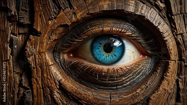 Fototapeta Enchanted Tree Trunk Knot with Vivid Blue Eye Formed in Aged Wood