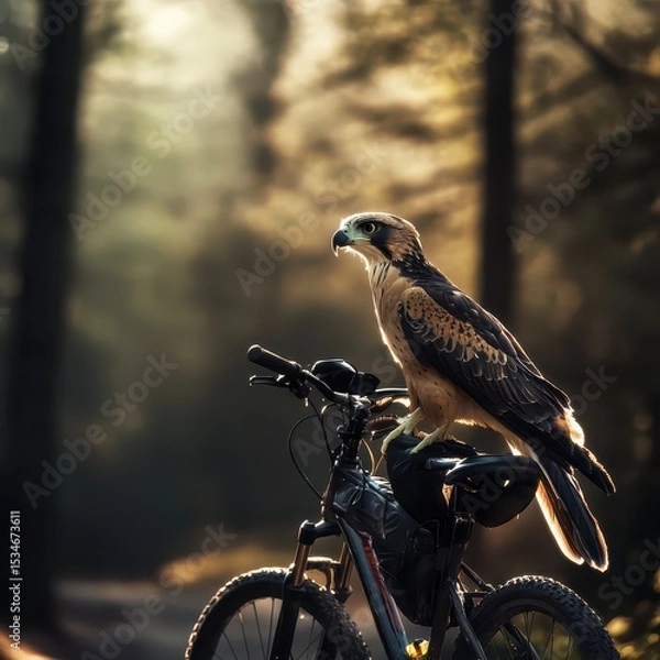 Fototapeta Eagle perched on bicycle in serene forest setting