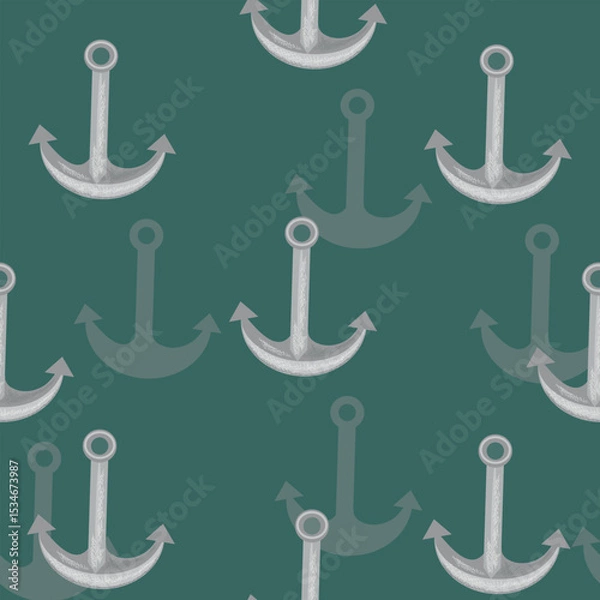 Fototapeta Seamless nautical pattern featuring anchors on a turquoise background. Clean and simple marine design with a fresh, summery feel. Ideal for fabrics, wallpapers, wrapping paper, kids’ apparel, beach-th