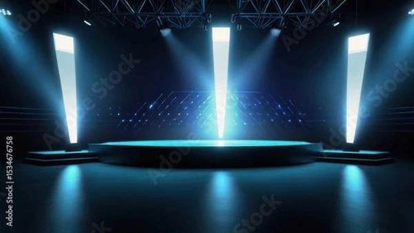 Fototapeta High-Tech Anime Virtual Streaming Stage Background with Spotlights and Glowing Floor

