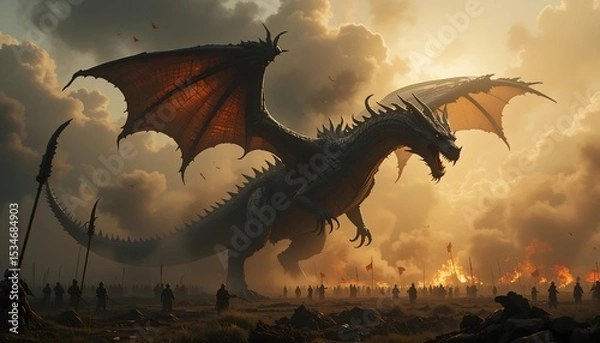 Obraz Dragon flying over burning battlefield with rising smoke and fire casting a terrifying shadow on the ground