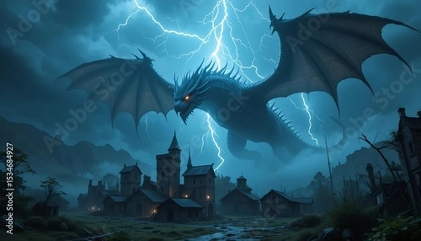 Obraz Lightning lights up the sky behind a powerful thunder dragon hovering above a ruined town