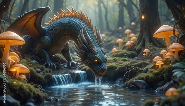 Obraz Deep in the woods, a green dragon drinks from a stream under the soft glow of magical mushrooms