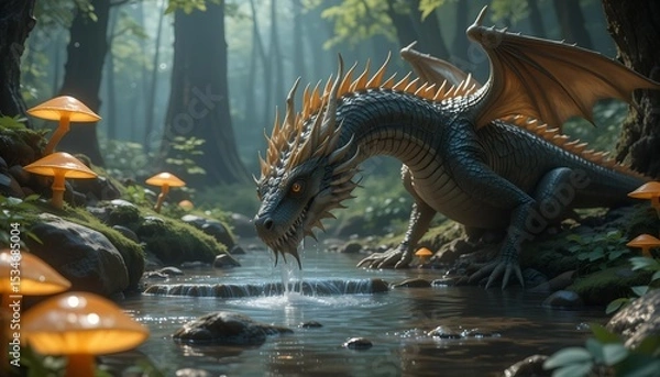 Obraz Forest dragon drinking from a crystal-clear stream in a glowing mushroom-lit glade deep in the woods