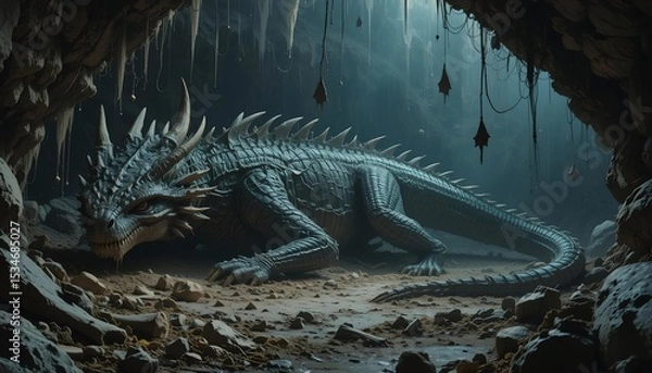 Obraz Sleeping dragon stirs in its dark cave after ages, amid cobwebs and skeletal remains