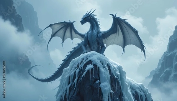 Obraz A large dragon gripping a sharp ice cliff while snow whips around in icy mountain winds