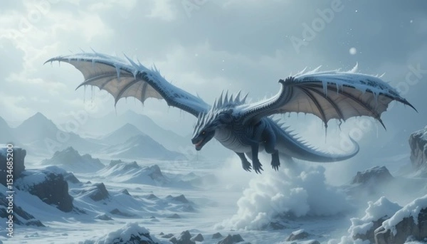 Obraz A frost-covered dragon glides above the frozen wasteland as snow flurries swirl with frost on its wings