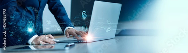 Obraz Protect business significant data, Password and fingerprint scanning unlock and access to business data network. Cloud. Ai, Biometric identification and cyber security protect business transaction.