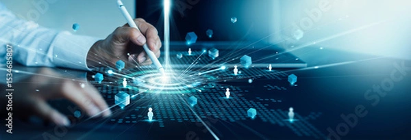 Obraz CRM. Customer network relationship management concept, Businessman hold of global structure customer network technology, Data exchanges development. Customer service, Social media.