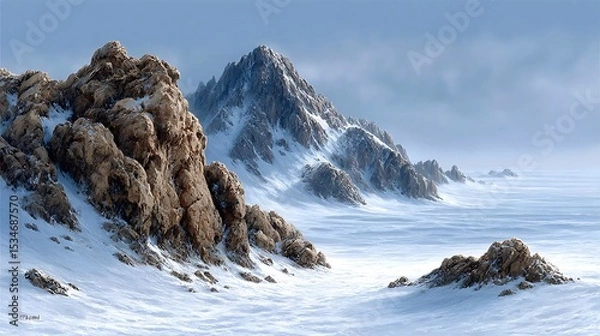 Fototapeta A frozen tundra with flat open snowfields, jagged rocks protruding from the ground, and a cold grey sky overhead