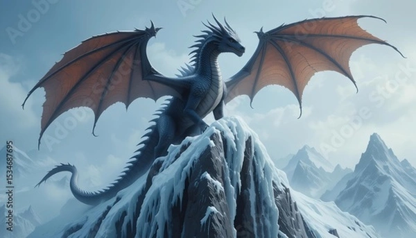Obraz Realistic dragon perched on jagged ice cliff as freezing winds scatter snow across its massive form