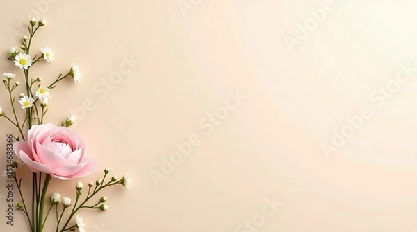 Obraz Soft beige gloss surface with romantic floral accent and modern minimal layout, designed for background use.