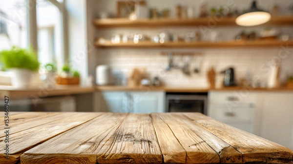 Obraz Wooden table on blurred kitchen bench background. 