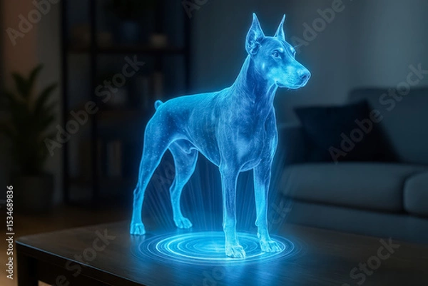 Fototapeta Holographic doberman pinscher projected on a table in a modern living room