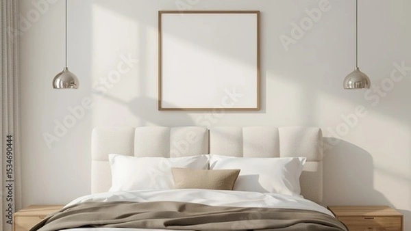 Fototapeta Poster mockup above cozy bed with wooden headboard and minimalist pendant lights in serene modern bedroom interior, natural tones and soft daylight.
