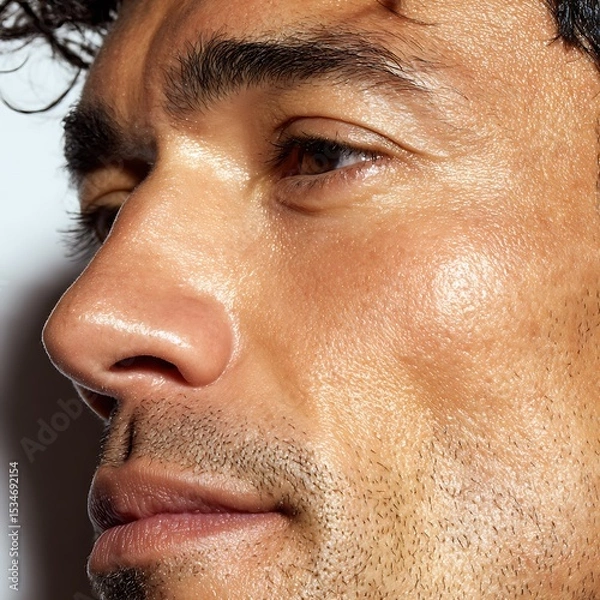 Fototapeta close-up Latino man's face, nose and cheek area, enlarged pores vs minimized pores after toner