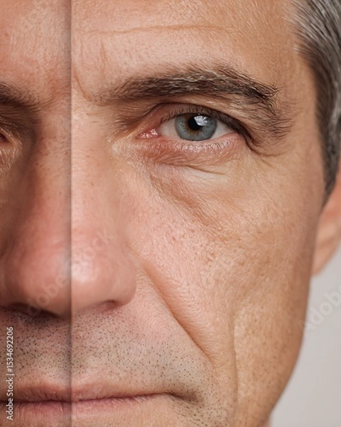 Fototapeta middle-aged man's face close-up, before and after anti-aging serum, wrinkles and dull skin vs firmer smooth look