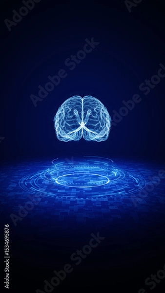 Fototapeta 3d Rendering wireframe brain hologram representing artificial intelligence floating above a glowing digital interface in a futuristic blue virtual space. Technology background