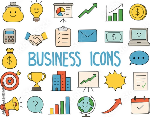 Obraz Hand drawn business icons Doodle collection, Business and Financial concepts.