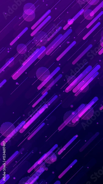 Fototapeta Vibrant abstract background featuring dynamic diagonal lines and dotted circles in shades of purple and pink on a dark backdrop. 3d Rendering