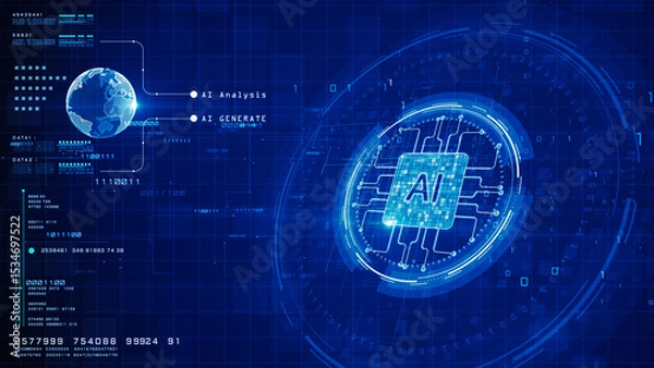 Fototapeta Artificial Intelligence Circuit Interface with Data Analysis and Global Connectivity in Blue Digital Tech Motion Background 3d Rendering