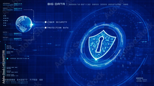 Fototapeta Futuristic cyber security interface with digital shield, binary code, and global network connection on a high-tech blue background. 3d Rendering