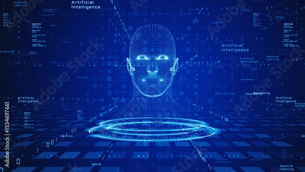 Fototapeta Futuristic AI human face composed of data points and binary code, symbolizing machine learning, automation, and artificial intelligence technology. Technology background 3d Rendering