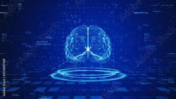 Fototapeta Futuristic Artificial Intelligence concept with glowing digital brain, binary code, and technology terms like machine learning, data mining, and automation. Technology digital background 3d Rendering