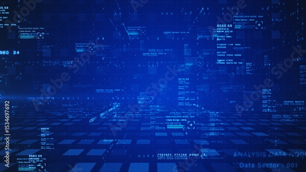 Fototapeta Digital cyberspace with data analysis, and a glowing blue tech grid interface for technology, network, and data visualization concepts. Technology network connection and big data 3d Rendering