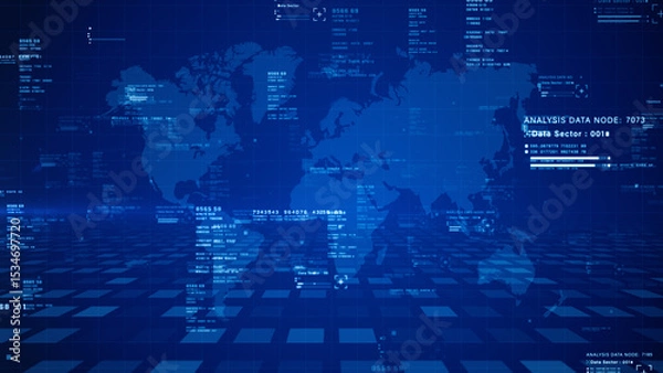Obraz Digital Global Network Map with Data Nodes and Technology Interface for International Cyber Connectivity and Information Exchange	3d Rendering