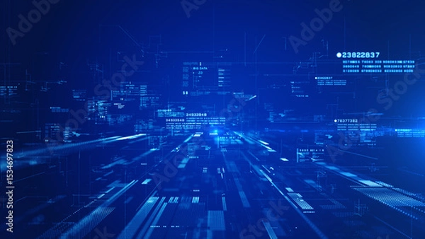 Fototapeta Futuristic Blue Digital Data with Tech Grid, Binary Information, and Cyber Interface for Technology and Innovation Concepts, Big Data Technology Background 3d Rendering