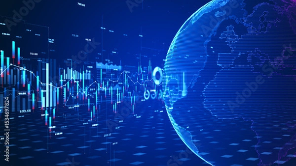Obraz Futuristic financial stock market analysis with global data charts, digital graphs, and investment trends in a high-tech environment. Global Investment background 3d Rendering
