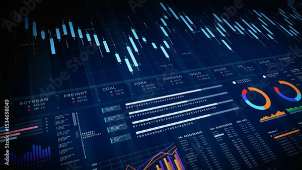 Fototapeta Digital stock market dashboard with analytics, commodity prices, and candlestick chart for investment and trading analysis, Financial investment concept background 3d Rendering