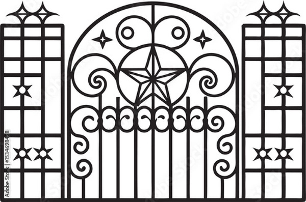 Fototapeta This collection of black and white images showcases various gate designs, ranging from simple entryways to more elaborate and decorative structures.