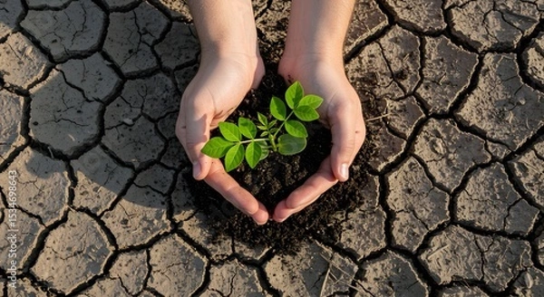 Fototapeta Drought Eradication Day Protecting Our Planet Hands Holding a Sapling on Dry Cracked Earth