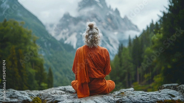 Fototapeta Person in orange robe meditating on a rock facing misty mountains surrounded by forest