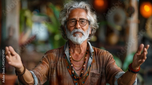 Fototapeta Elderly man with gray hair and beard wearing layered necklaces and open arms in a colorful bohemian setting