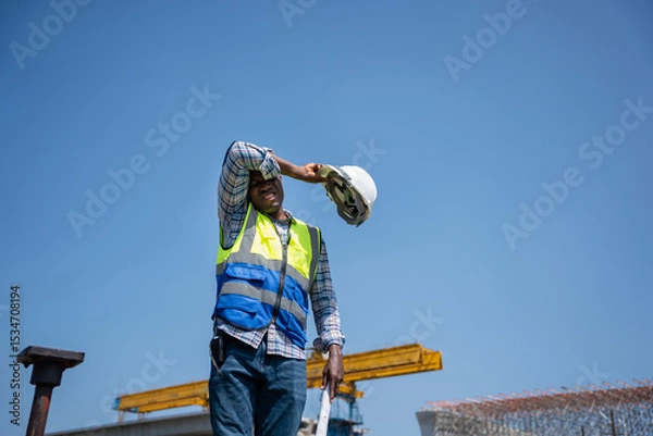 Obraz Tired Construction Worker Wiping Sweat Under the Hot Sun, Exhausted Engineer Taking a Break at Construction Site in Heat, Manual Labor in Extreme Weather, Worker Struggling with Heat Stress