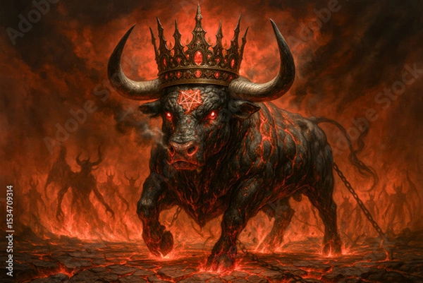 Obraz Demonic Crowned Bull with Glowing Eyes and Pentagram in Fiery Apocalyptic Underworld Scene