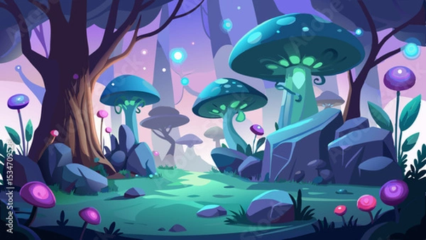 Fototapeta Mystical Glowing Mushroom Glade with Purple and Teal Fungi Vines and Rocks on a White Background mushrooms