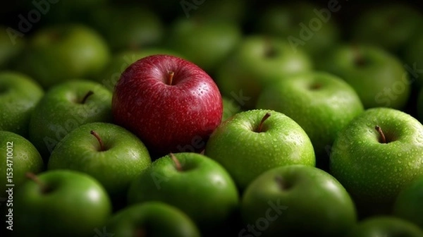 Obraz A bright red apple in a pile of green ones, symbolizing contrast and rare choice.