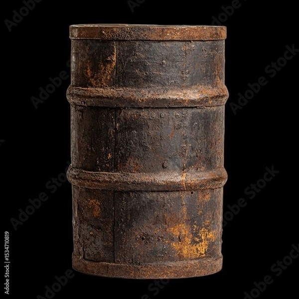 Fototapeta Rusty industrial metal barrel with weathered texture, showcasing its aged appearance and unique character. This barrel is perfect for various creative projects or as decorative piece